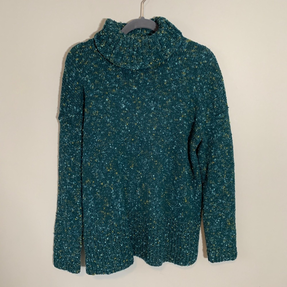 J. Jill Teal Speckled Long Sleeve Pullover Turtleneck Sweater XS Cotton Blend